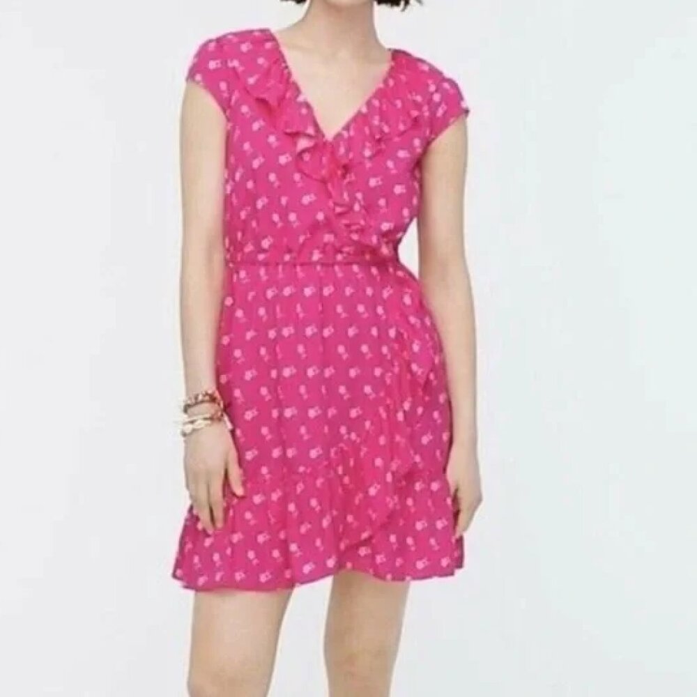 J. Crew Dress Size 2 Ruffle V Neck Mini Dress Pink White Floral Flirty Girly